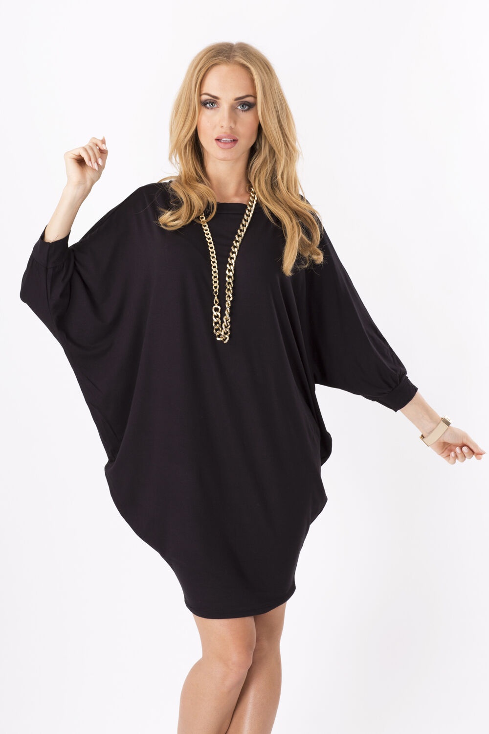 Womens Mini Dress Batwing Boat Neck Long Sleeve Tunic Shift Dress Black-S